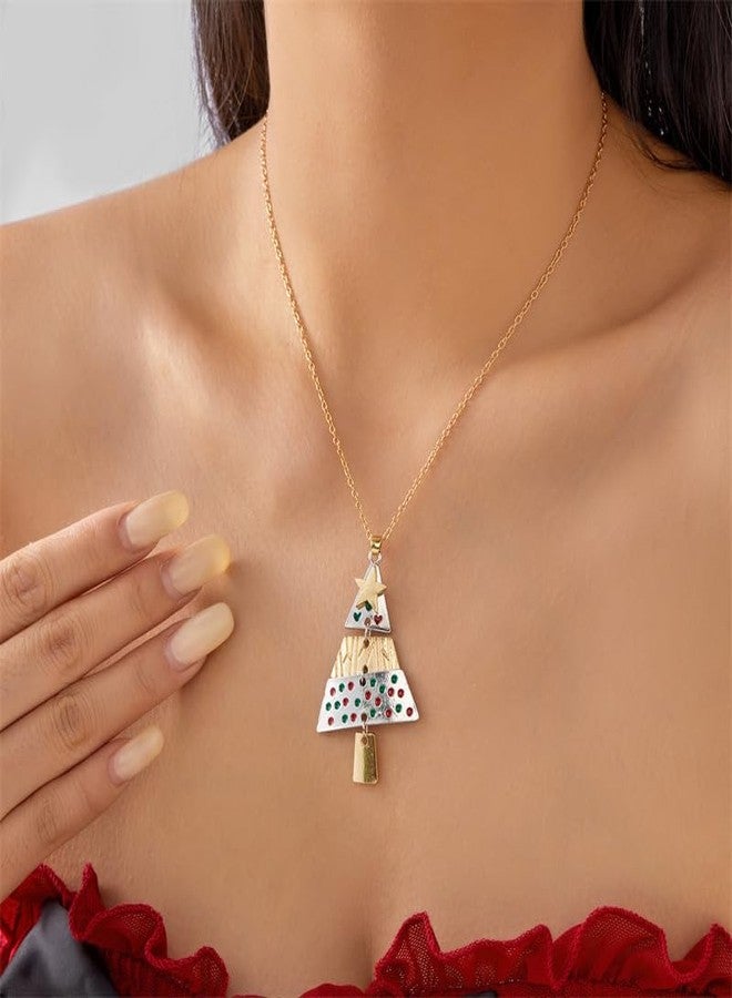 MarveBard Christmas Tree Necklace Earring Set for Women Red Green Layered Christmas Tree Pendant Necklace Fashion Layered Xmas Dangle Drop Earrings Xmas Holiday Set Christmas Holiday Winter Party Jewelry (Gold+Silver) - Image 4